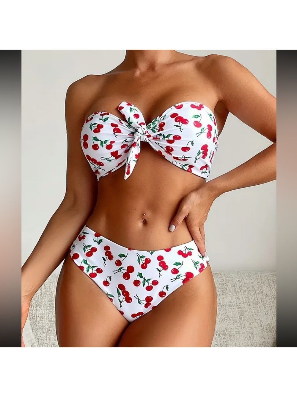 Cherry Print Bandeau Front Tie High Waisted Bikini Set